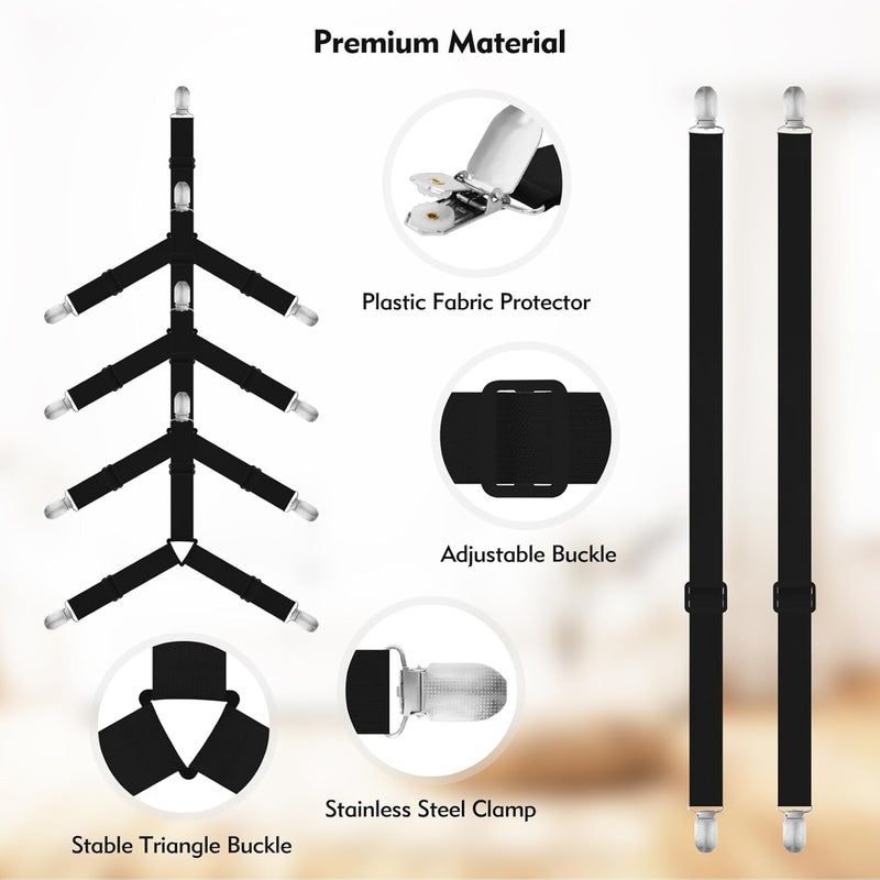 Eiruseed Bed Sheet Holder Straps, 4+2 Pcs Adjustable Mattress Sheet Clips, Bed Sheet Fasteners Elastic Sheet Suspenders to Keep Bed Sheet in Place for Different Beds (Black) - Image 5